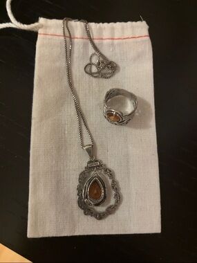 Sterling Silver Teardrop Amber Pendant Necklace and Ring - Silver and Amber